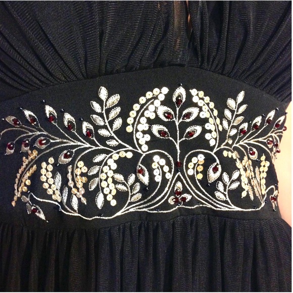 $138 Black Plunge Neck Halter Embroidered Layered Gypsycore Chiffon Dress~4~NWOT - Picture 7 of 12